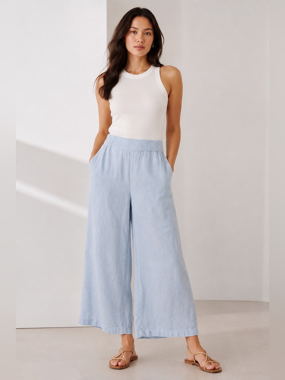 TAHARI 100% Linen Wide-Leg Cropped Pants – Light Blue – Size S